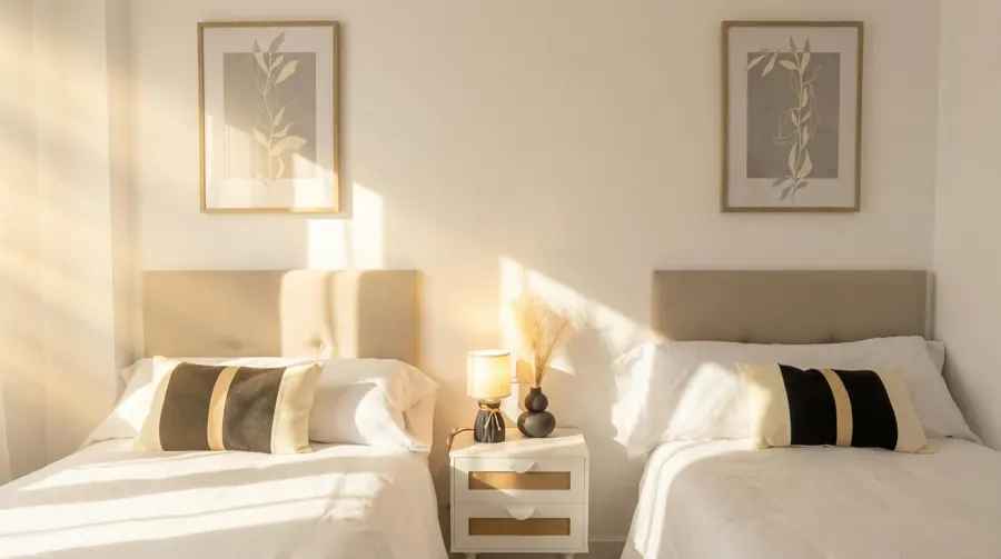 El mismo dormitorio tras la edición: luz cálida de tarde y blancos corregidos
